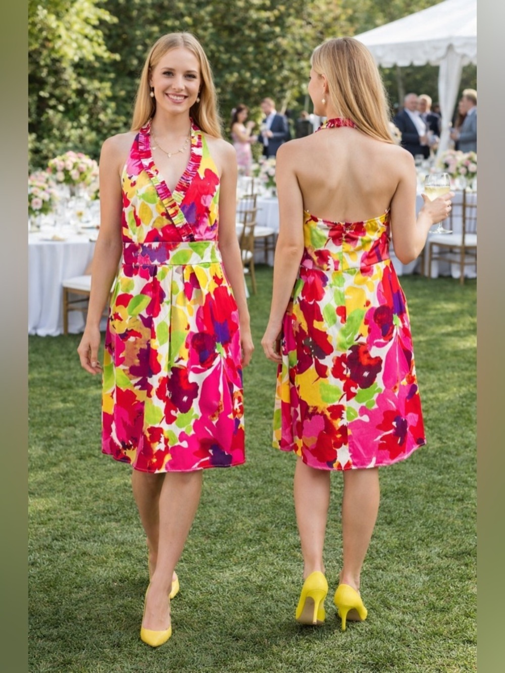 Blu Sage SZ 14 floral multicolored halter dress, bust 38”-42” waist 36”, EUC